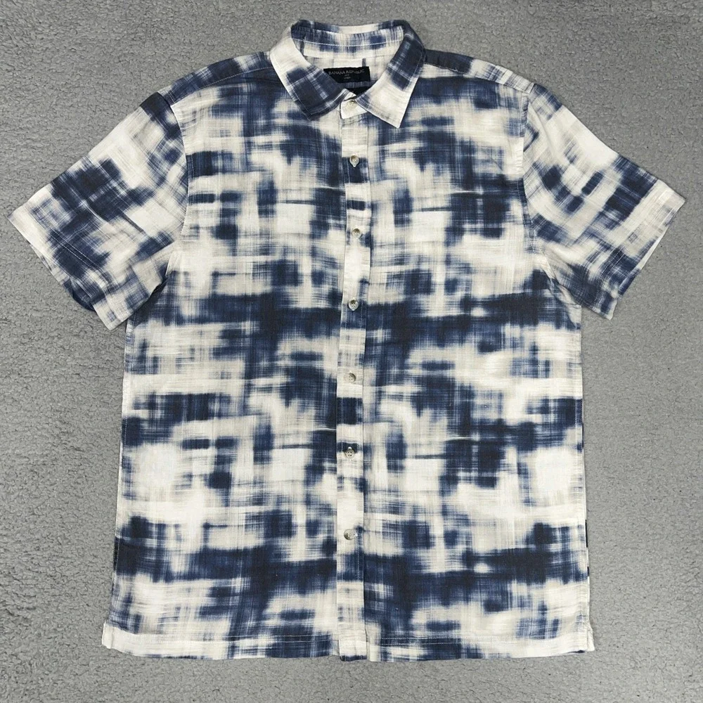 Banana Republic Linen Blend Shirt Men's Sz M Tie Dye Slim Short Sleeve Button Up